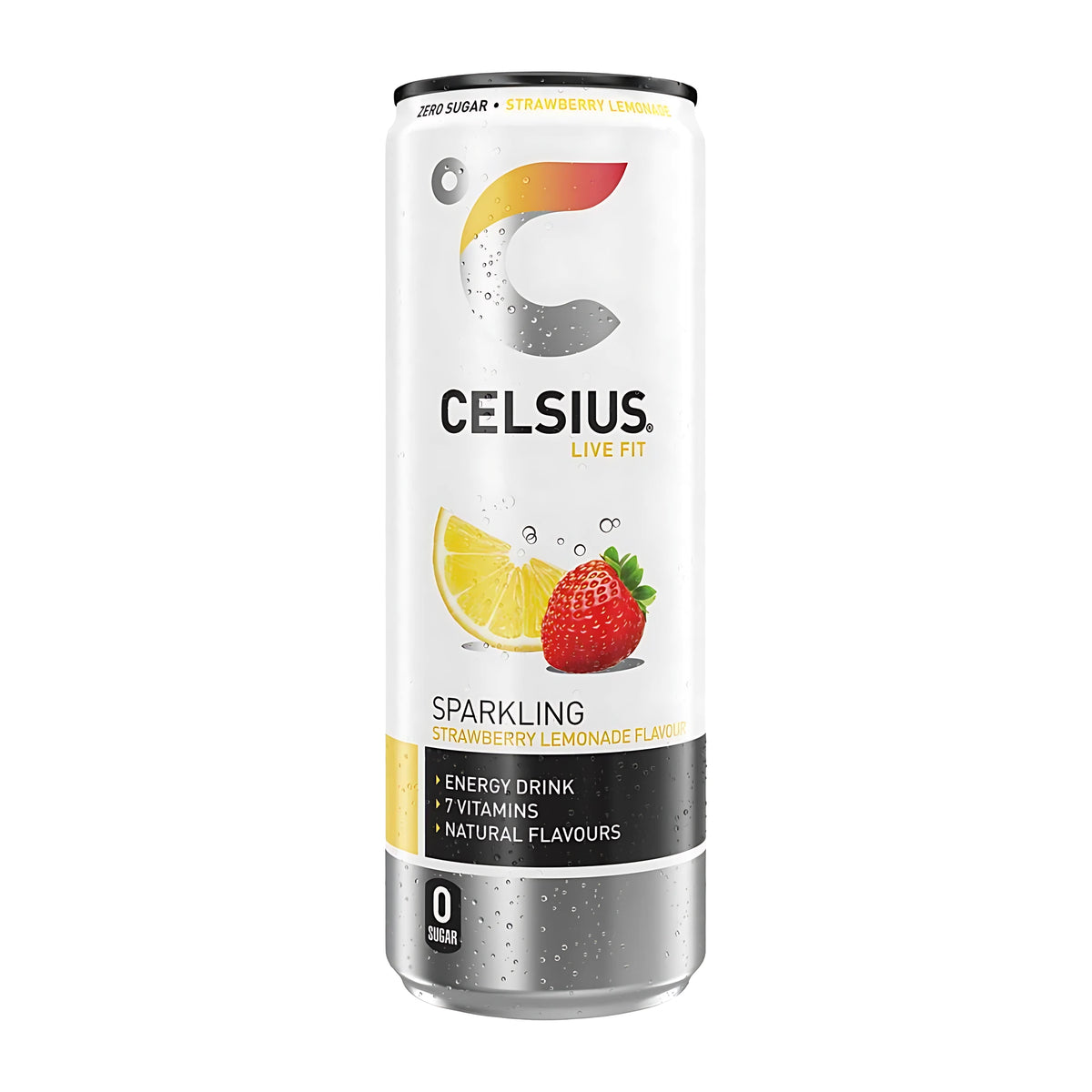 Celsius 355 ml -energiajuoma valkoisessa tölkissä mansikan ja sitruunan kuvalla, makuna Strawberry Lemonade., kuva 1/10