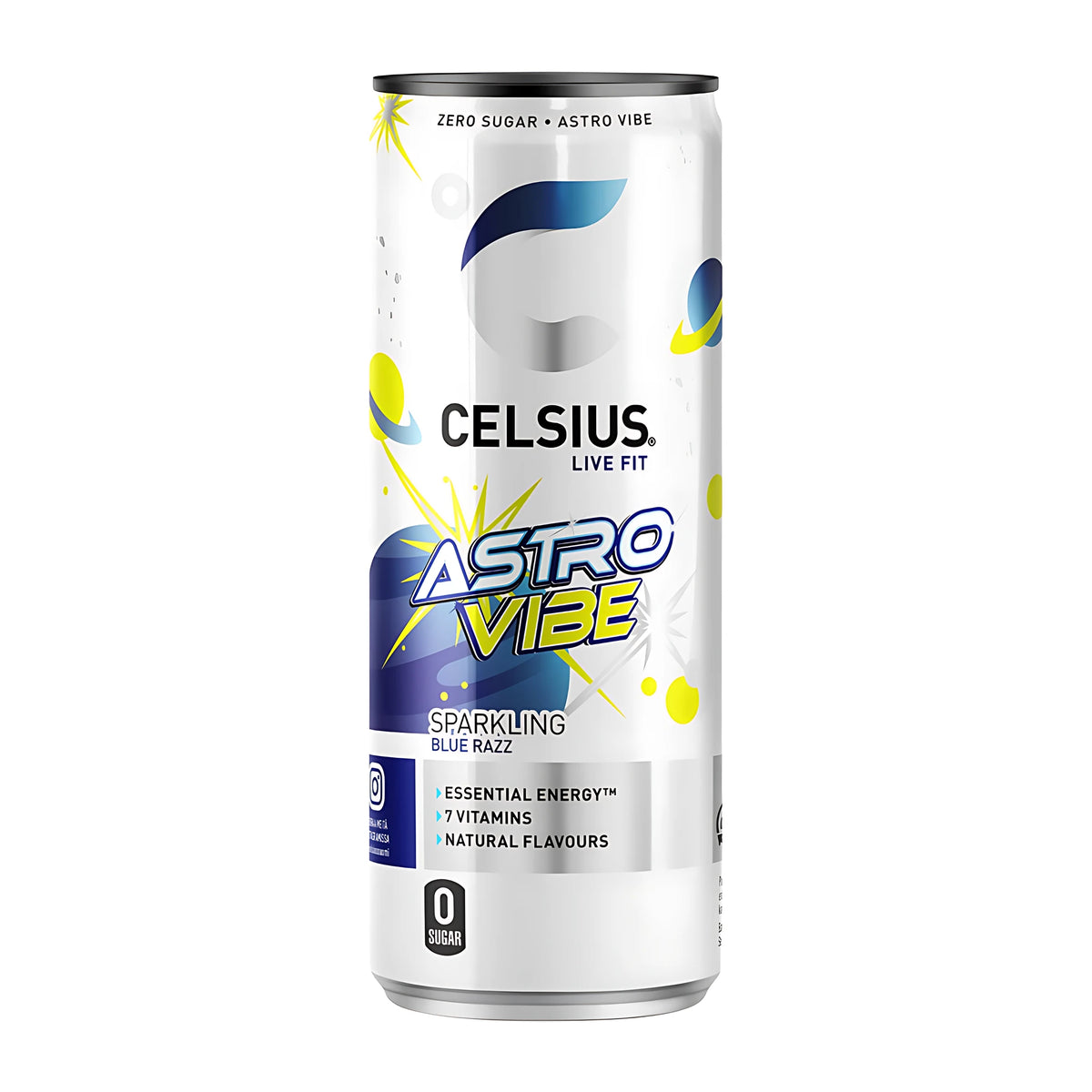 Celsius 355 ml -hiilihapotettu juoma valkoisessa tölkissä sinisin ja keltaisin yksityiskohdin, makuna Astro Vibe., kuva 6/10