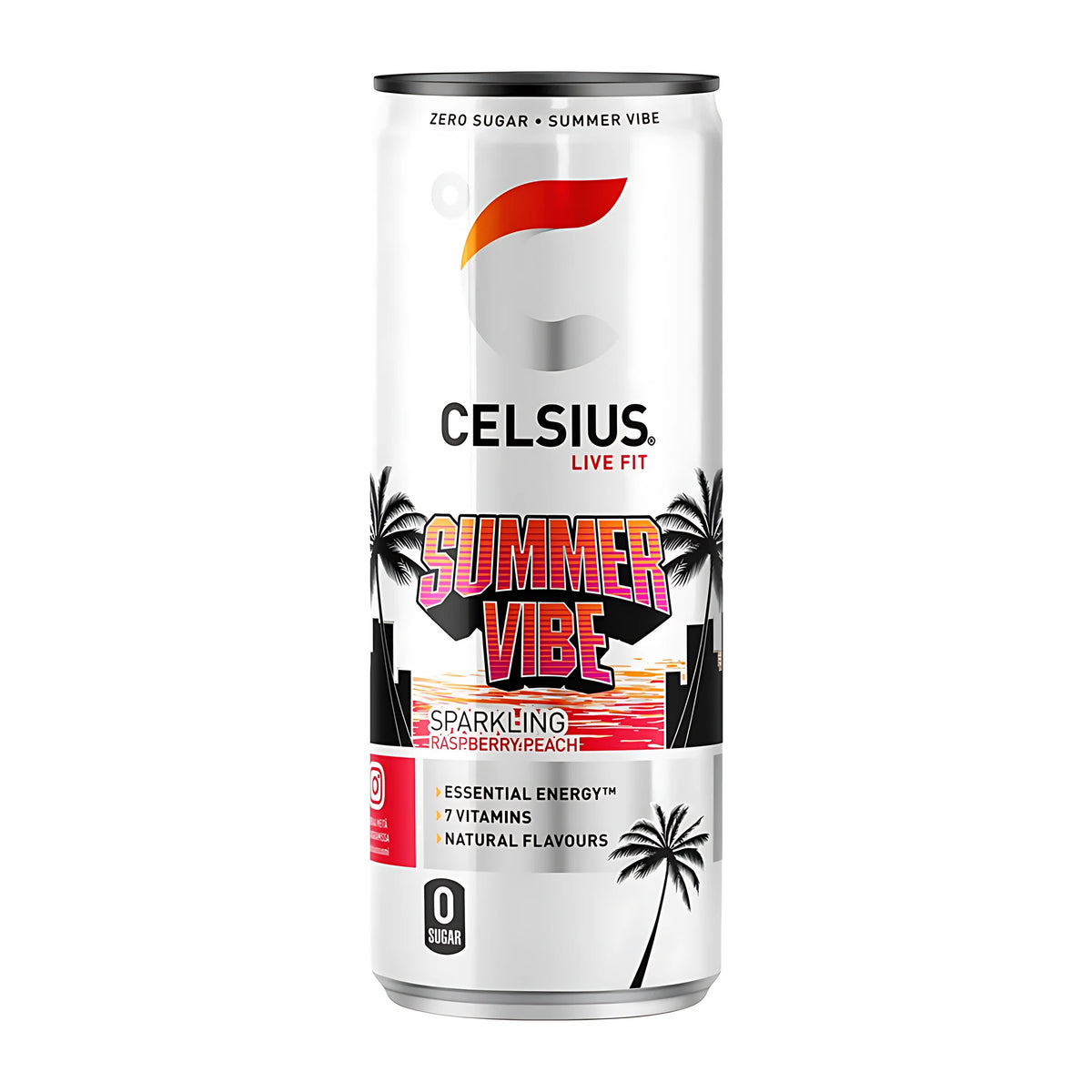 Celsius 355 ml -hiilihapotettu juoma valkoisessa tölkissä palmukuvioilla ja kesäisellä designilla, makuna Summer Vibe., kuva 7/10