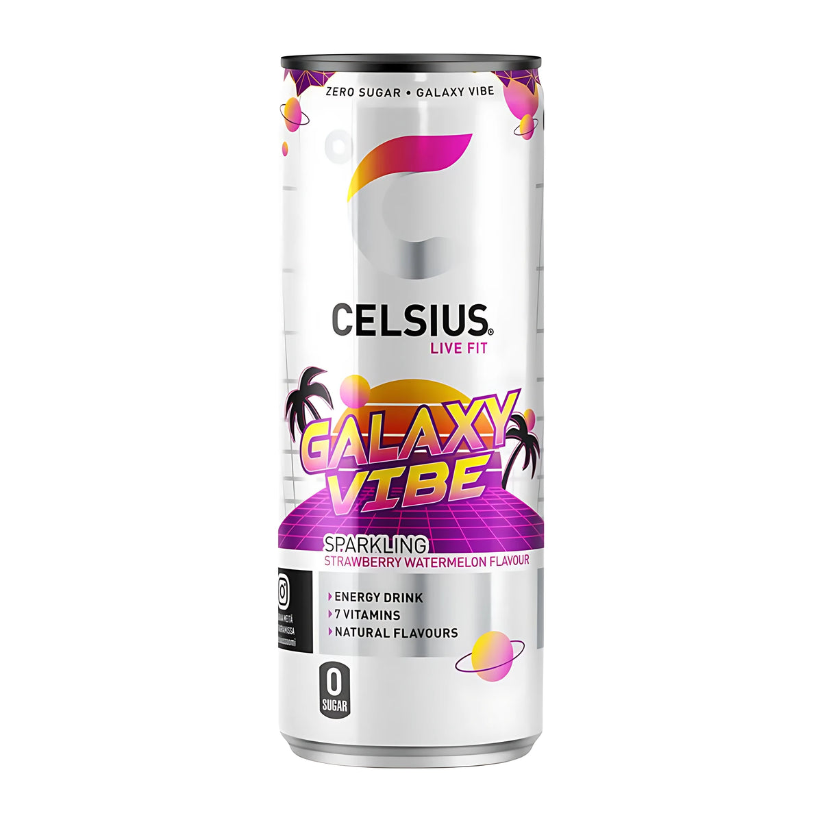 Celsius 355 ml -hiilihapotettu juoma valkoisessa tölkissä liiloin ja vaaleanpunaisin yksityiskohdin, makuna Galaxy Vibe., kuva 8/10