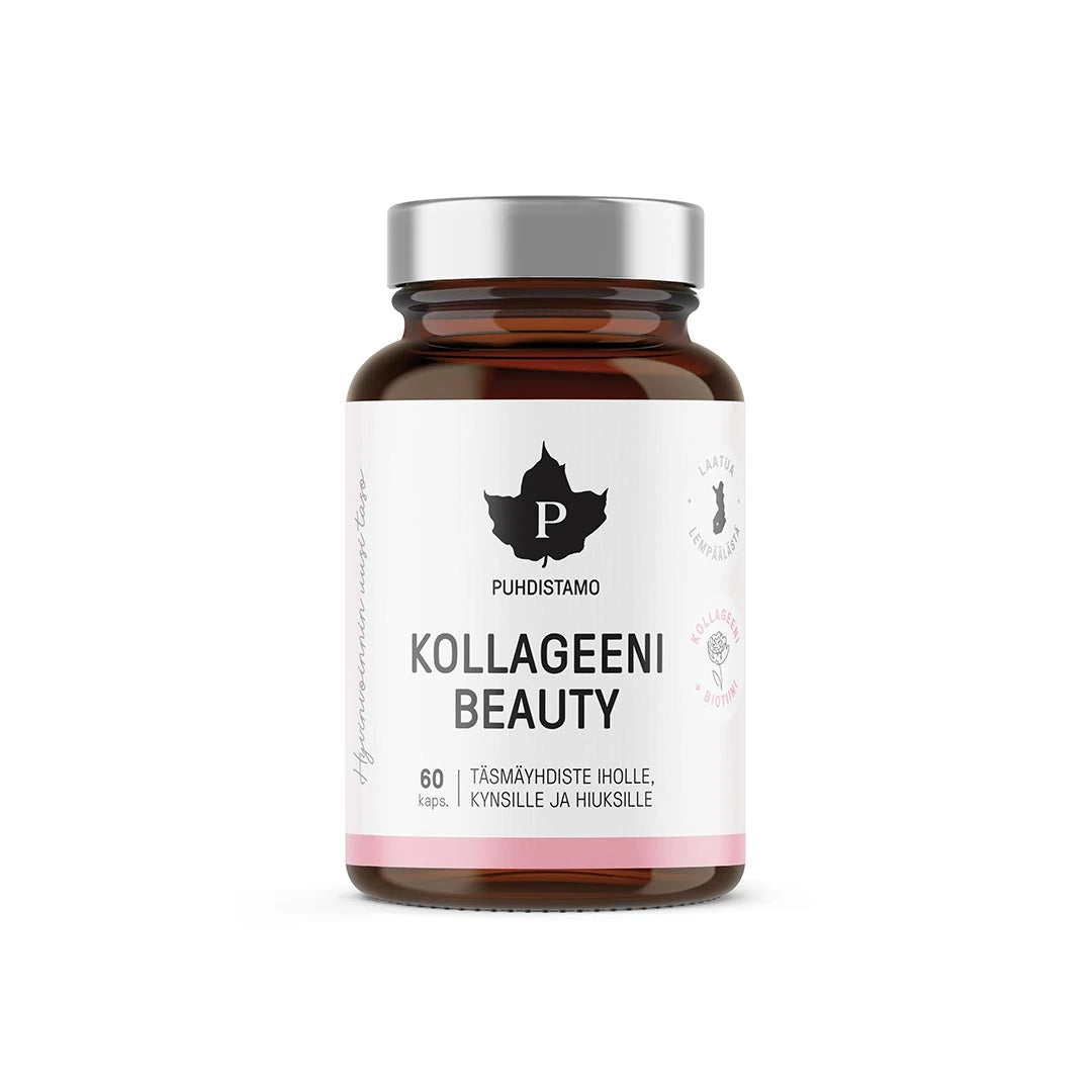 Puhdistamo Kollageeni Beauty 60 kaps ruskeassa lasipurkissa, jossa on valkoinen etiketti ja hopeanvärinen kansi., kuva 1/1
