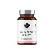 Puhdistamo Kollageeni Beauty 60 kaps ruskeassa lasipurkissa, jossa on valkoinen etiketti ja hopeanvärinen kansi.