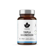 Puhdistamo Tripla Magnesium 60 kaps -ravintolisä ruskeassa lasipurkissa, jossa on valko-sininen etiketti.