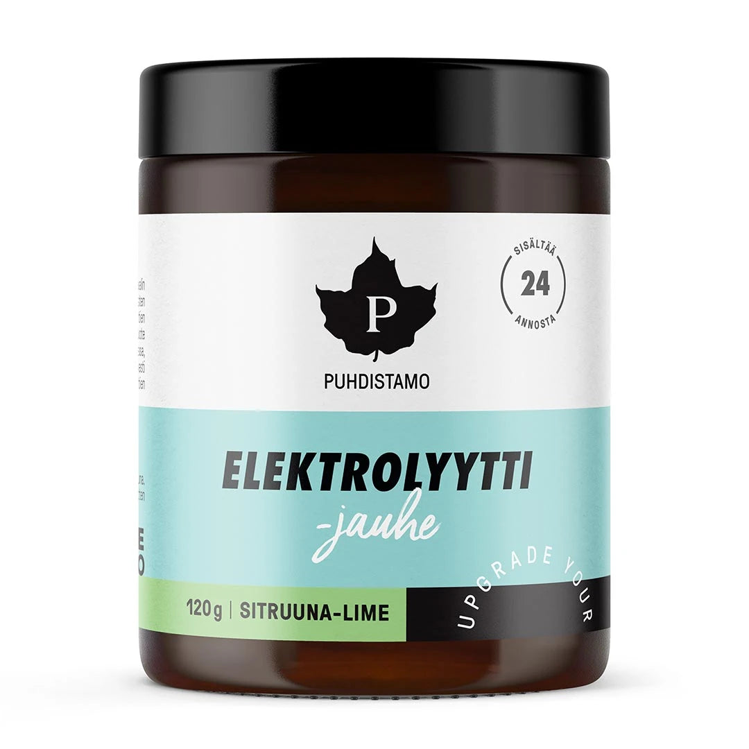 Puhdistamo Elektrolyyttijauhe 120 g -elektrolyyttijauhe ruskeassa purkissa mustalla kannella ja valko-vaaleansinisellä etiketillä, makuna Sitruuna Lime., kuva 1/4