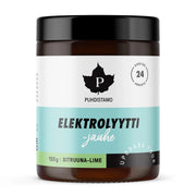 Puhdistamo Elektrolyyttijauhe 120 g -elektrolyyttijauhe ruskeassa purkissa mustalla kannella ja valko-vaaleansinisellä etiketillä, makuna Sitruuna Lime.