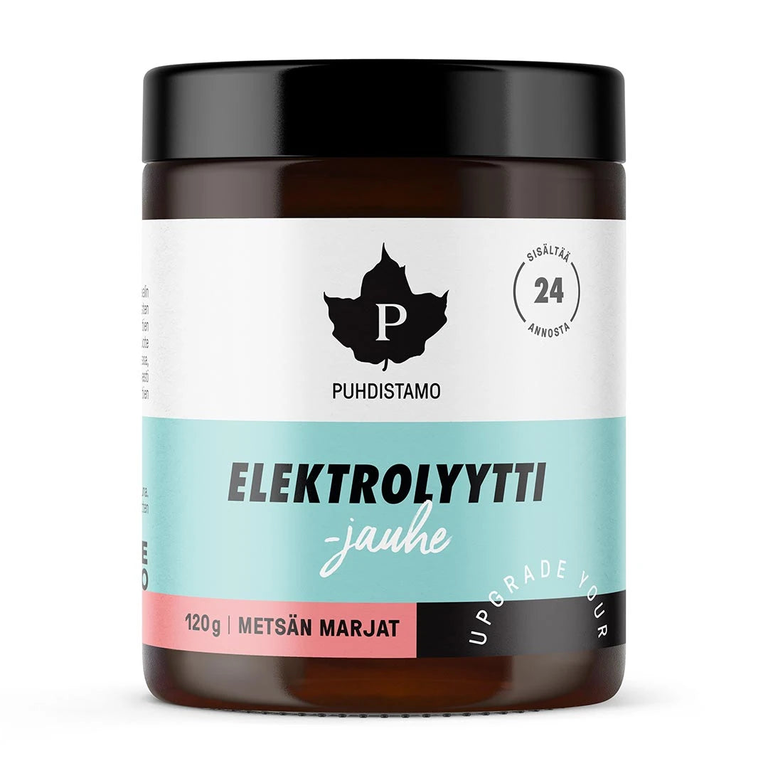 Puhdistamo Elektrolyyttijauhe 120 g -elektrolyyttijauhe tummanruskeassa purkissa vaaleansinisillä ja vaaleanpunaisilla yksityiskohdilla, makuna metsämarja., kuva 2/4
