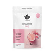 Puhdistamo Kollageeni Beauty 150 g -kollageenijauhe valko-vaaleanpunaisessa pussissa, makuna Vadelma.
