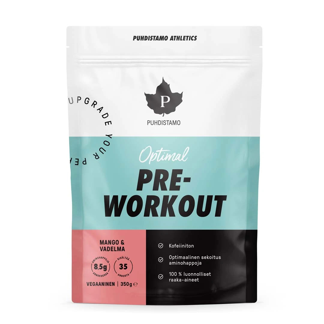 Puhdistamo Optimal Pre-Workout 350 g i en vit påse med ljusblå, rosa och svarta detaljer för smaken Mango &amp; Vadelma., bild 1 av 1