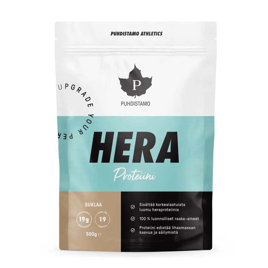 Puhdistamo HERA Proteiini 500 g -proteiinijauhe makuna Suklaa, valkoisessa pussissa turkooseilla yksityiskohdilla., kuva 1/1