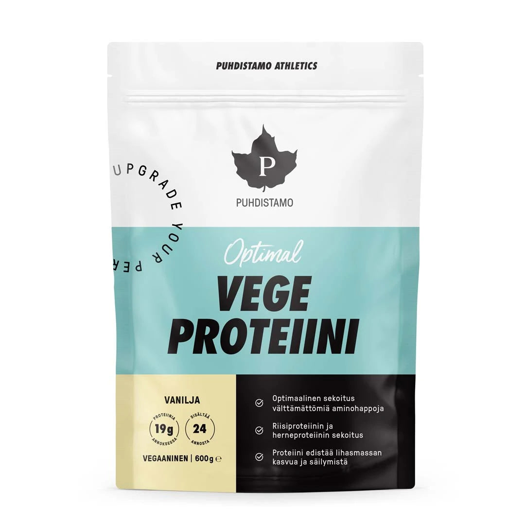 Puhdistamo Optimal VEGE Proteiini 600 g veganskt proteinpulver i en vit och ljusblå påse med vaniljsmak., bild 1 av 1