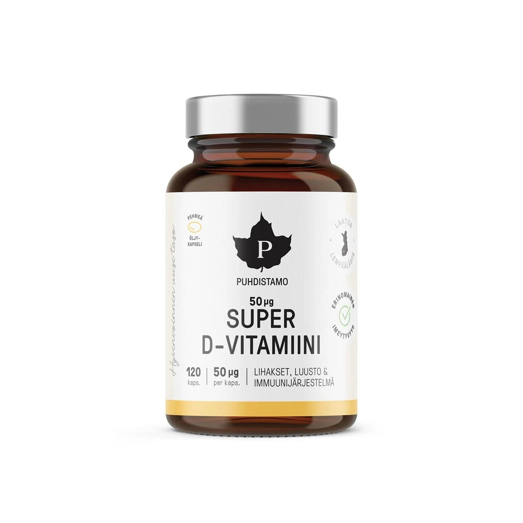 Puhdistamo Super D-vitamiini 50ug 120 kaps tummassa lasipurkissa, jossa on valkoinen etiketti ja hopeanvärinen kansi., kuva 1/1