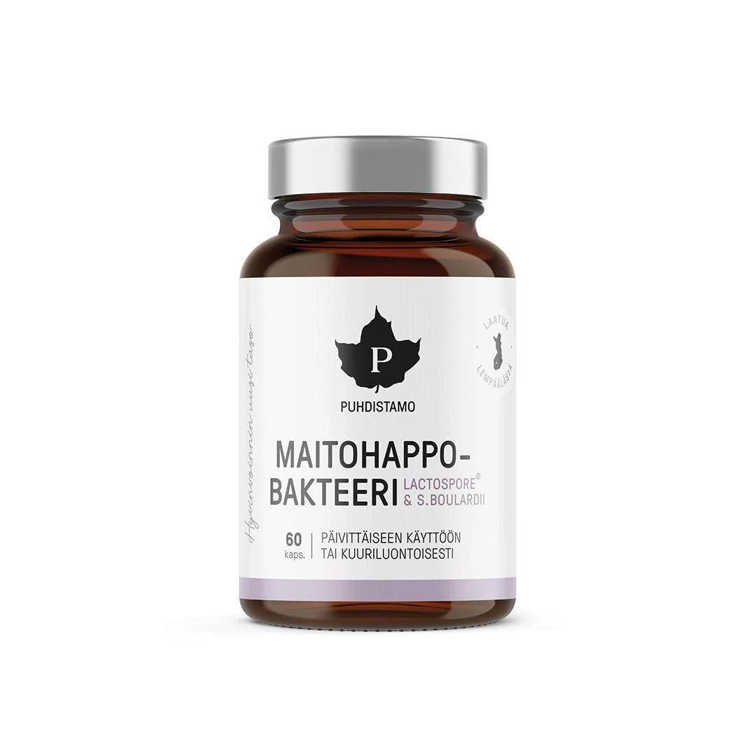 Puhdistamo Maitohappobakteeri - Lactospore &amp; Boulardii 60 kaps tummassa lasipurkissa hopeisella kannella., kuva 1/1