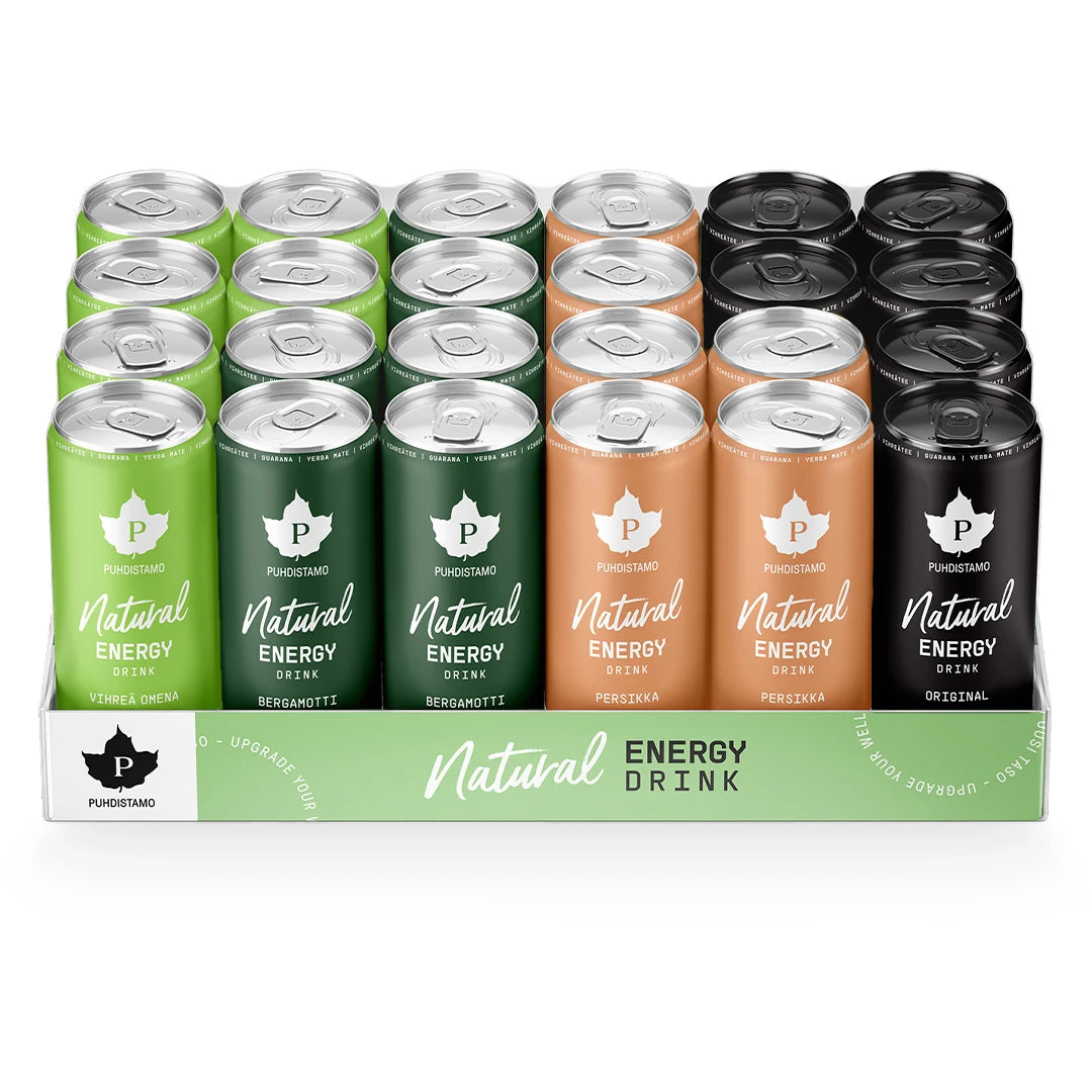 24 x Puhdistamo Natural Energy Drink 330 ml Mix-lava i ett flak med burkar i färgerna ljusgrön, mörkgrön, orange och svart., bild 1 av 1