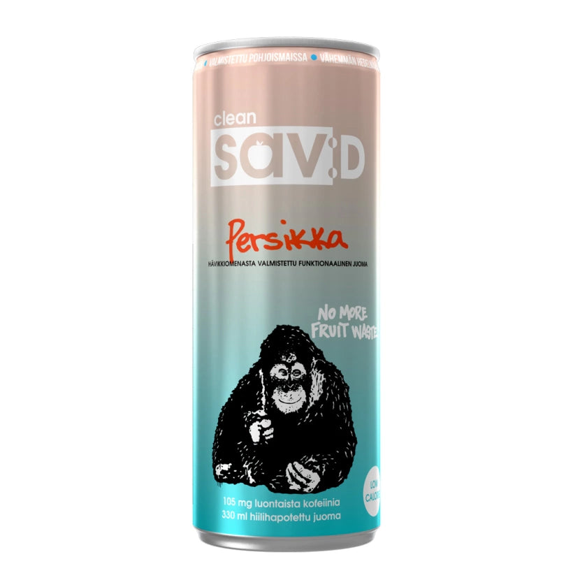 Persikan makuinen Clean Sav:D 330 ml -energiajuomatölkki, jossa on liukuvärjäys ja apinagrafiikka., kuva 6/6