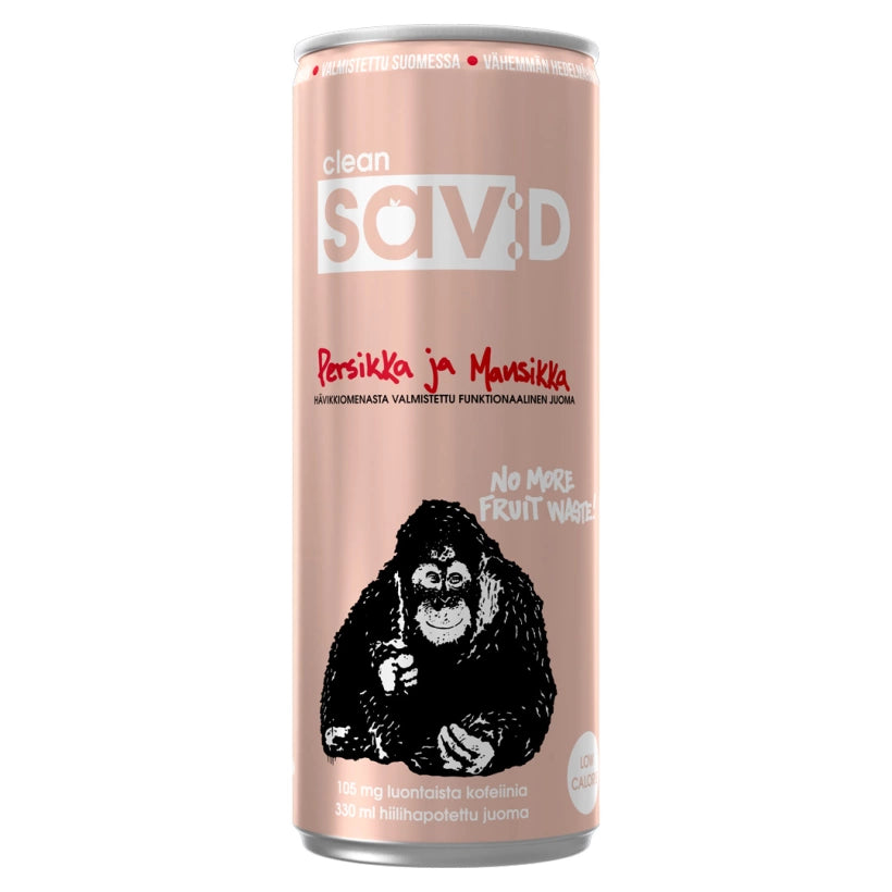Vaaleanpunainen tölkki Clean Sav:D 330 ml -energiajuomaa, makuna persikka ja mansikka., kuva 3/6