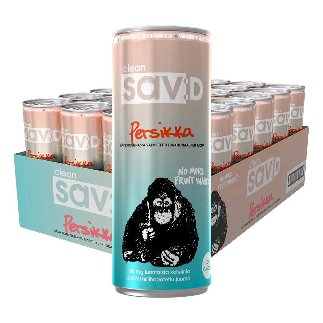 24 x Clean sav:D 330 ml Persikka -lava, jossa on turkoosi-persikanvärisiä tölkkejä ja musta gorillakuvio., kuva 1/1