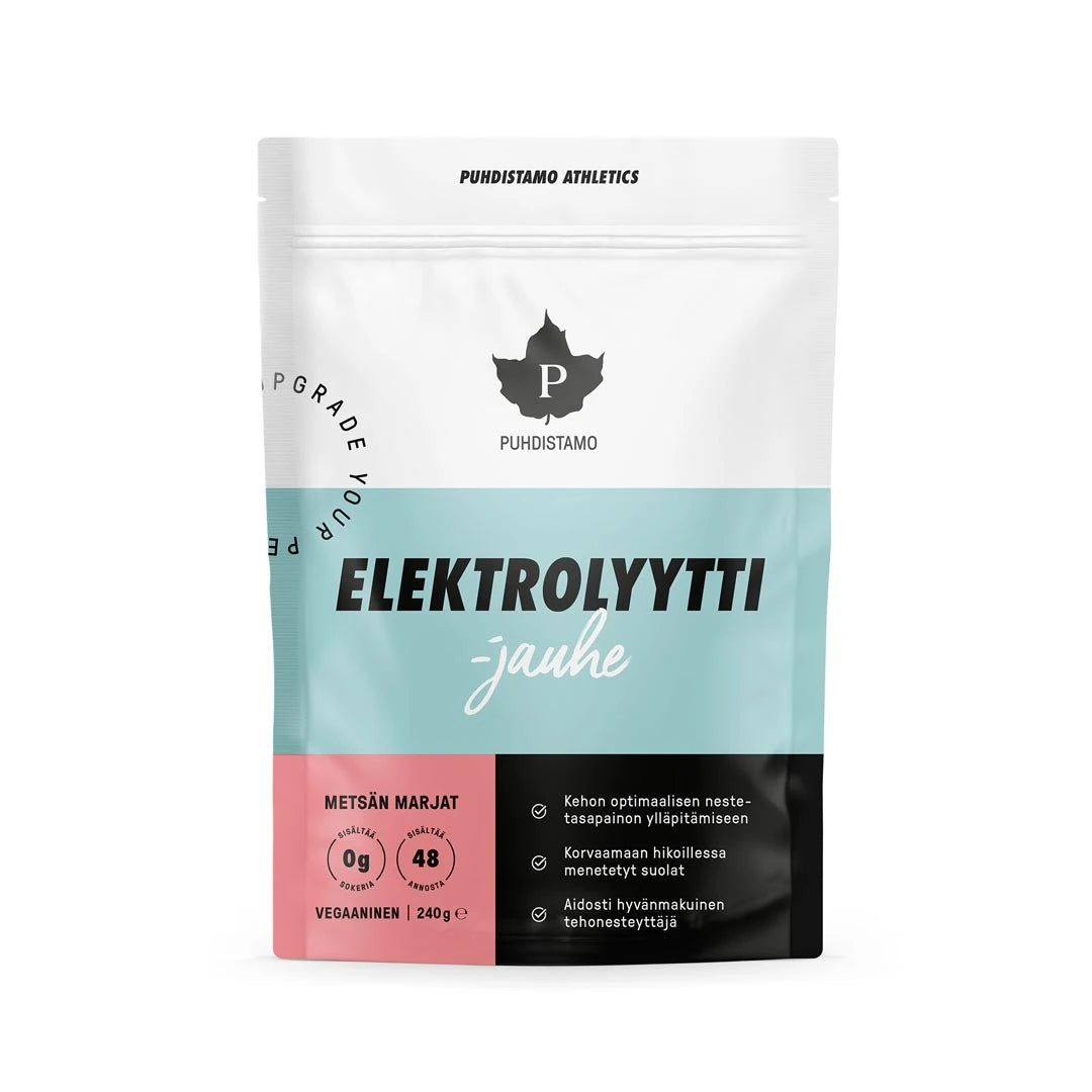 Puhdistamo Elektrolyyttijauhe 240 g elektrolytpulver i en vit, ljusblå och rosa påse för smaken Metsän Marjat., bild 2 av 3
