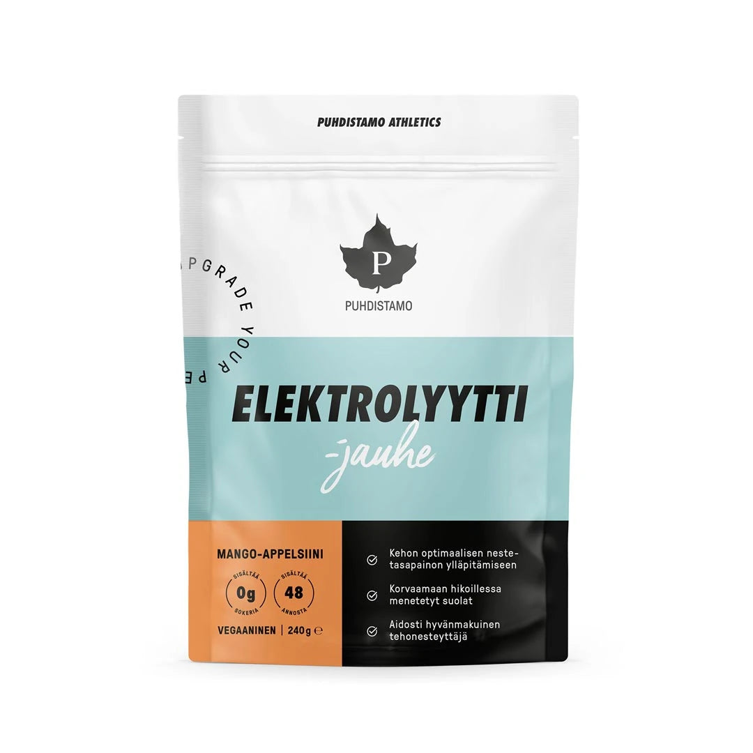 Puhdistamo Elektrolyyttijauhe 240 g elektrolytpulver i en vit, ljusblå och orange påse för smaken Mango Appelsiini., bild 3 av 3