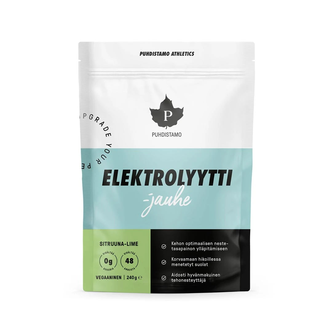 Puhdistamo Elektrolyyttijauhe 240 g elektrolytpulver i en vit och ljusblå påse för smaken Sitruuna Lime., bild 1 av 3