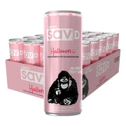 24 x Clean sav:D 330 ml Vadelma -energiajuoma vaaleanpunaisessa laatikossa samanvärisillä tölkeillä ja apinakuvituksella.