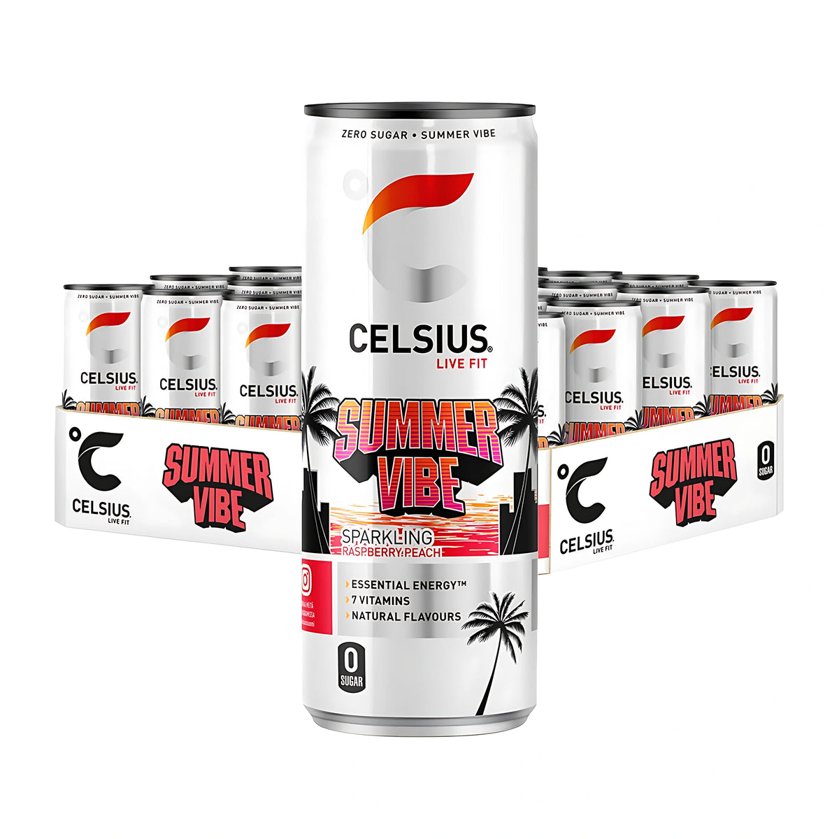 24 x Celsius 355 ml Summer Vibe -energiajuomaa lavassa valkoisissa tölkeissä palmukuviolla, makuna Raspberry Peach., kuva 1/1