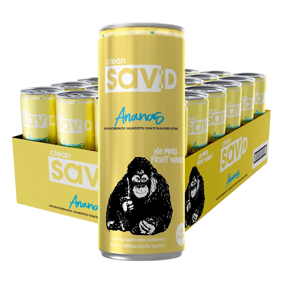 24 x Clean sav:D 330 ml Ananas keltaisessa laatikossa keltaisilla tölkeillä, joissa on musta gorillakuvio., kuva 1/1