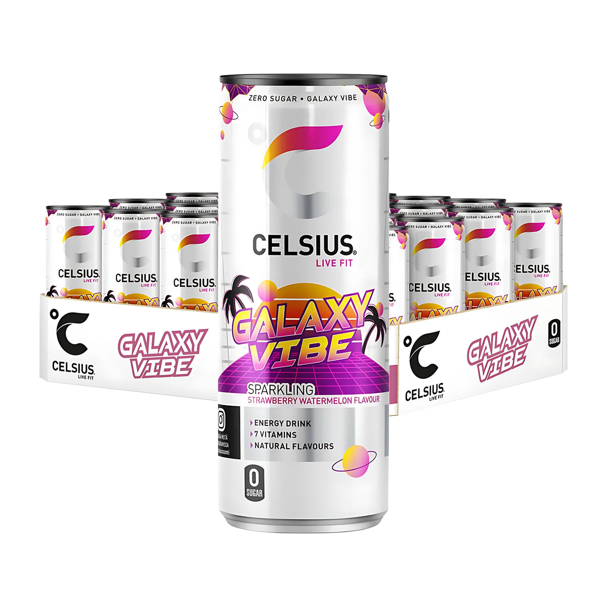 24 x Celsius 355 ml Galaxy Vibe SUPER DEAL, jossa on valkoinen tölkki etualalla ja kokonainen 24-pakkaus taustalla valkoisella taustalla., kuva 1/1