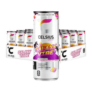 24 x Celsius 355 ml Galaxy Vibe SUPER DEAL, jossa on valkoinen tölkki etualalla ja kokonainen 24-pakkaus taustalla valkoisella taustalla.