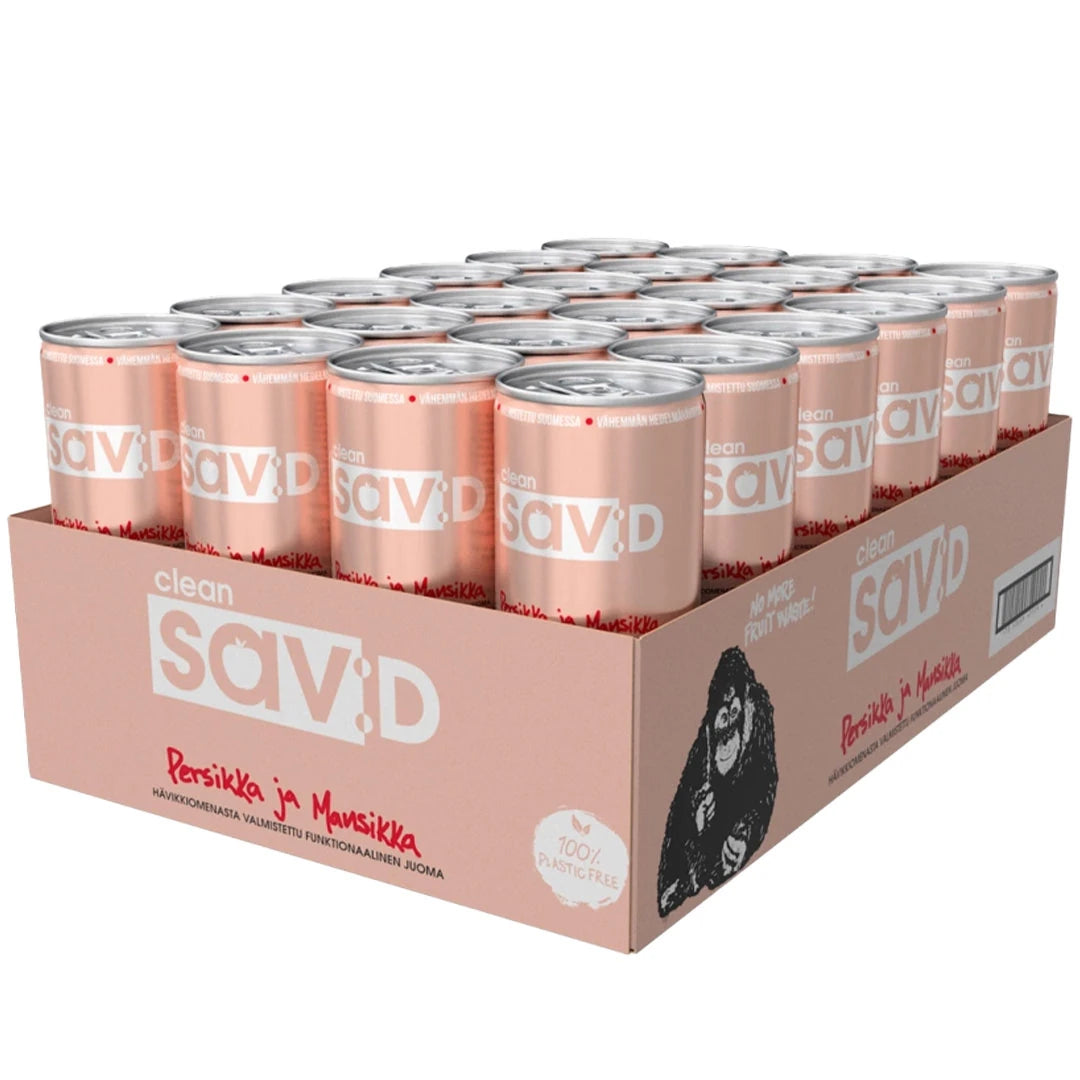 24 x Clean sav:D 330 ml Mansikka Persikka SUPER DEAL i ett ljusrosa flak med matchande energidrycksburkar., bild 1 av 1