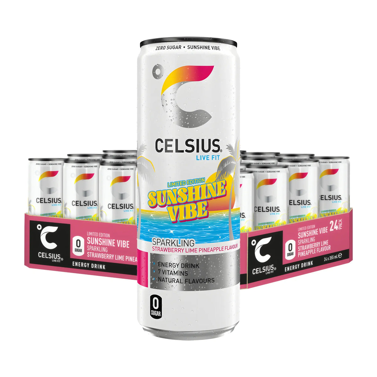 24 x Celsius 355 ml Sunshine Vibe Limited Edition -energiajuoma, jossa valkoinen tölkki kokonaisen lavan edessä., kuva 1/1
