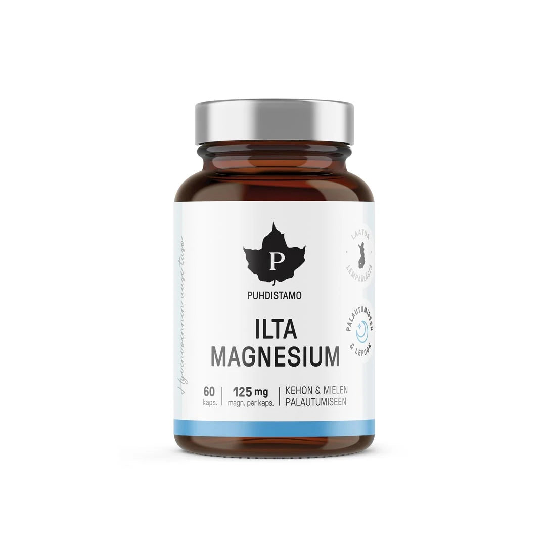 Brun glasburk med silverlock som innehåller Puhdistamo Iltamagnesium 125 mg 60 kapslar kosttillskott., bild 1 av 1