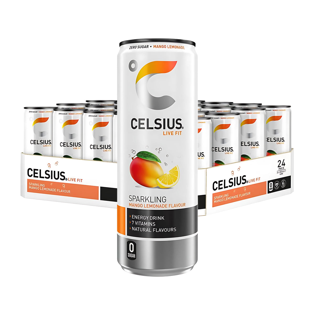 24 x Celsius 355 ml Mango Lemonade 24 kappaleen lavapakkauksessa, etualalla mangolla ja sitruunalla koristeltu valkoinen tölkki., kuva 1/1