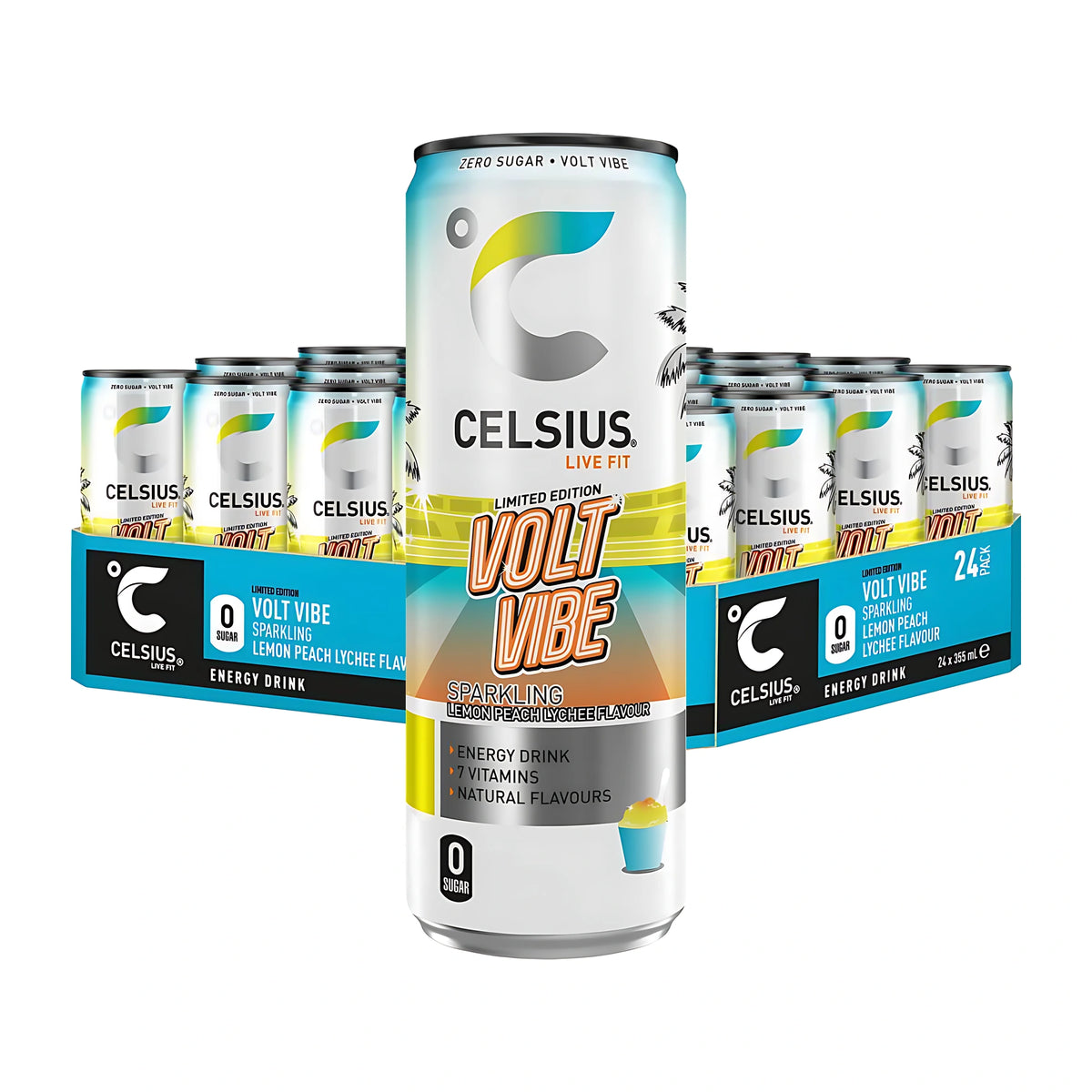 24 x Celsius 355 ml Volt Vibe -hiilihapotettu juoma tölkissä kokonaisen 24 tölkin lavan edessä., kuva 1/1
