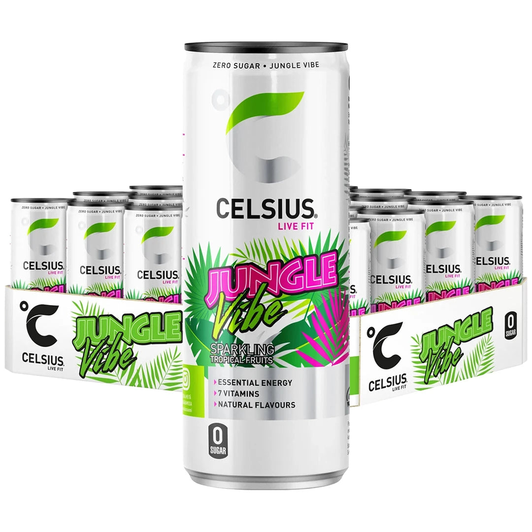 24 x Celsius 355 ml Jungle Vibe SUPER DEAL -energiajuoma valkoisessa laatikossa vihreillä ja pinkeillä yksityiskohdilla., kuva 1/1