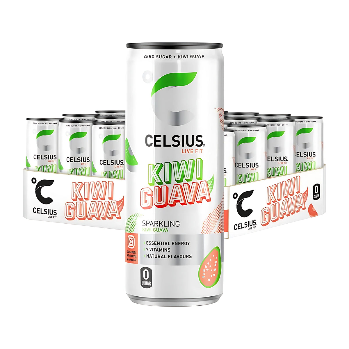 24 x Celsius 355 ml Kiwi Guava kokonaisena lavana valkoisia tölkkejä ja etualalla yksi tölkki vihrein ja vaaleanpunaisin yksityiskohdin., kuva 1/1