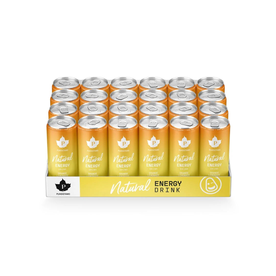 24 x Puhdistamo Natural Energy Drink 330 ml Orange Lemonade lavalla, jossa on oransseja ja keltaisia tölkkejä.