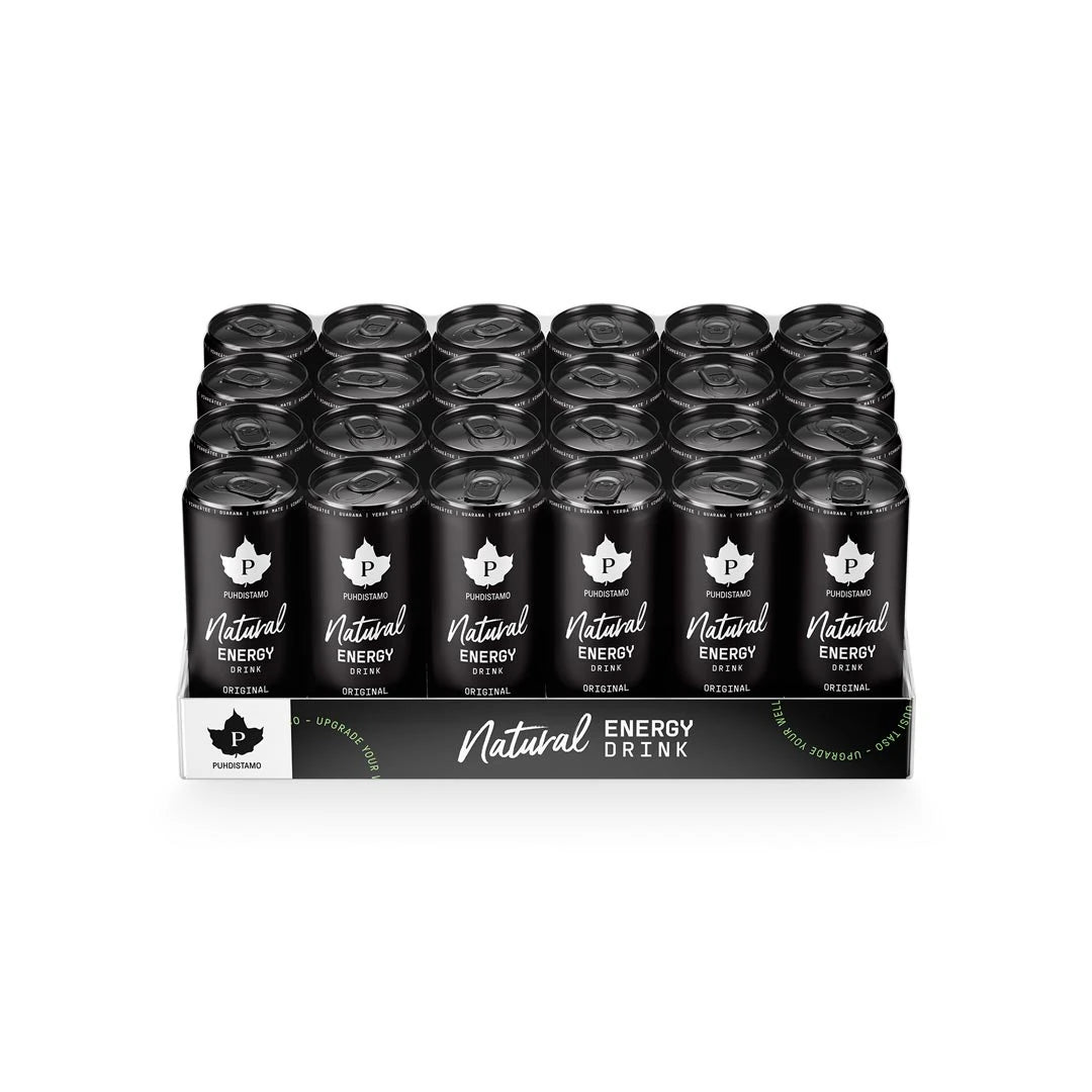 24 x Puhdistamo Natural Energy Drink 330 ml Original lavalla, jossa on mustia tölkkejä valkoisilla yksityiskohdilla., kuva 1/1