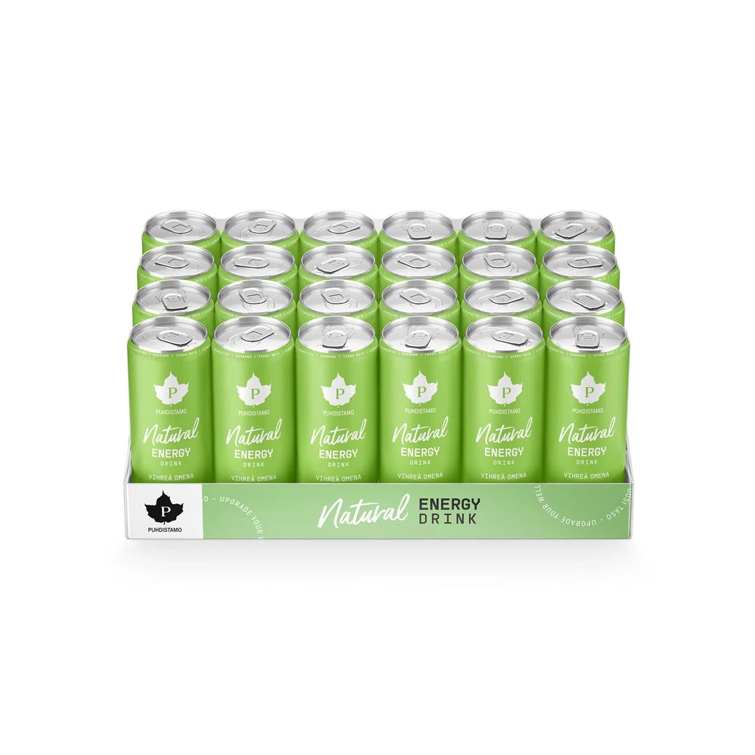 24 x Puhdistamo Natural Energy Drink 330 ml Vihreä Omena lavalla, jossa on vaaleanvihreitä tölkkejä.
