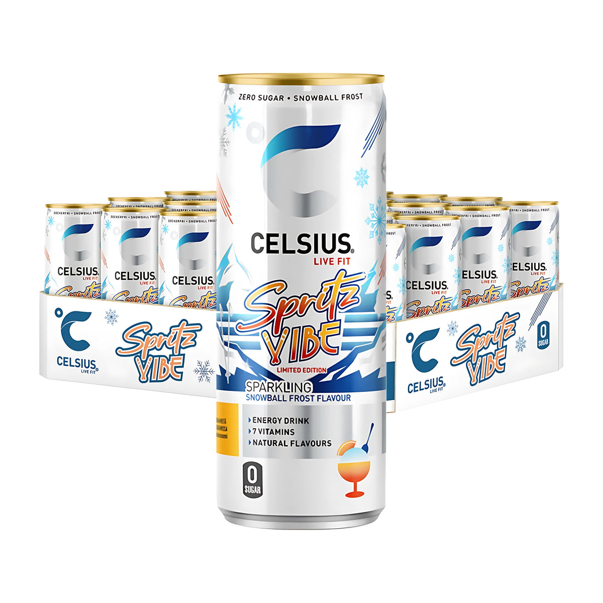 24 x Celsius 355 ml Spritz Vibe -energiajuoma valkoisissa ja sinisissä tölkeissä, yksi tölkki seisomassa 24-pakkauksen edessä., kuva 1/1