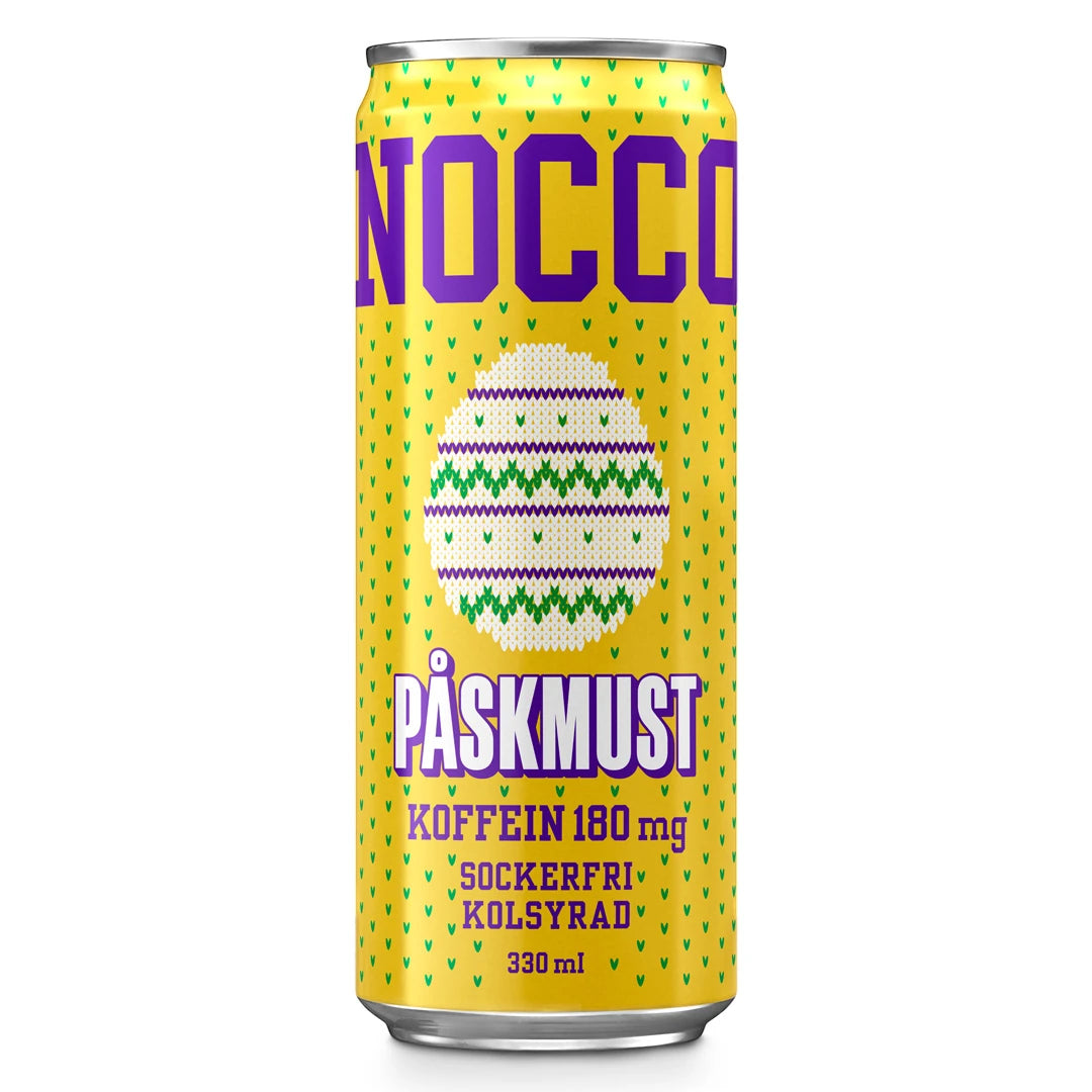 NOCCO FOCUS 330 ml energidryck i en gul burk med lila text och ett påskägg för smaken Påskmust., bild 7 av 9
