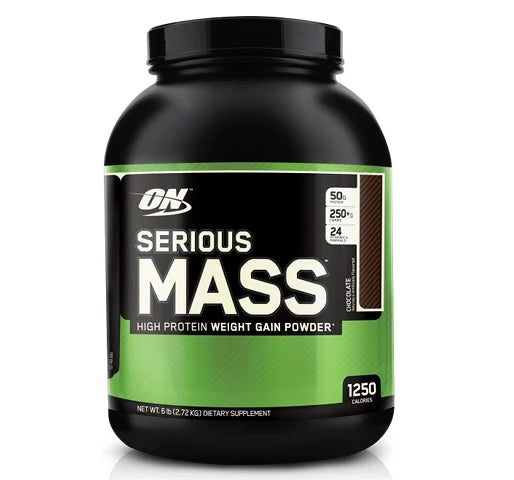 Optimum Nutrition Serious Mass 2.72 kg -gainer isossa mustassa purkissa vihreällä etiketillä, makuna Chocolate., kuva 1/1