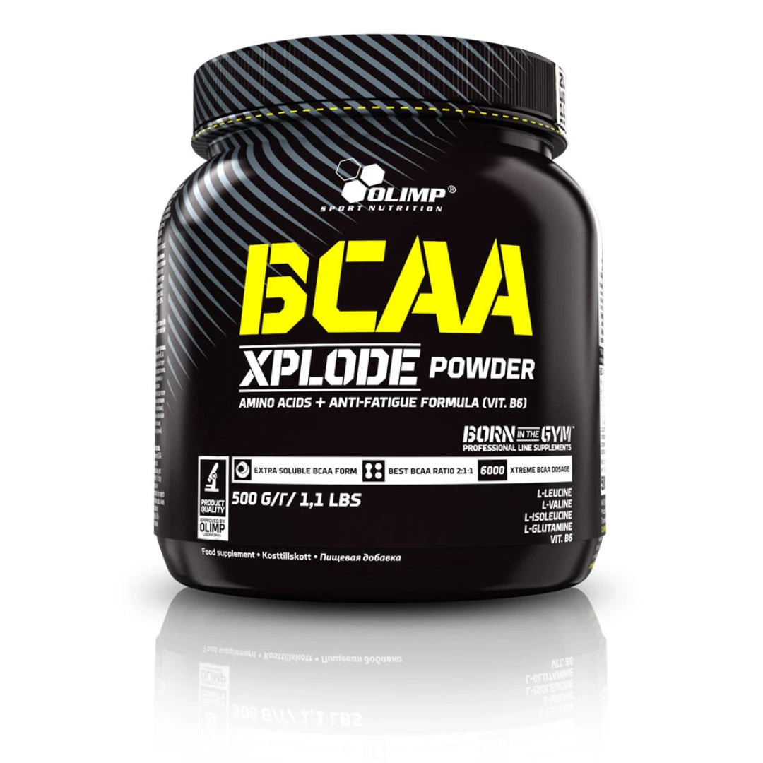 Olimp BCAA Xplode 500 g -aminohapot mustassa purkissa, jossa on keltaisia ja valkoisia tekstiyksityiskohtia., kuva 3/3