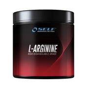 Musta purkki punaisilla yksityiskohdilla, joka sisältää Self Omninutrition Arginine 200 g puhdasta L-arginiinia jauhemuodossa.
