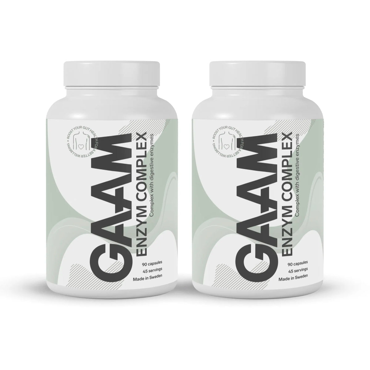 2 x GAAM Enzym Complex 90 caps -ravintolisä kahdessa valkoisessa purkissa vaaleanvihreillä yksityiskohdilla.