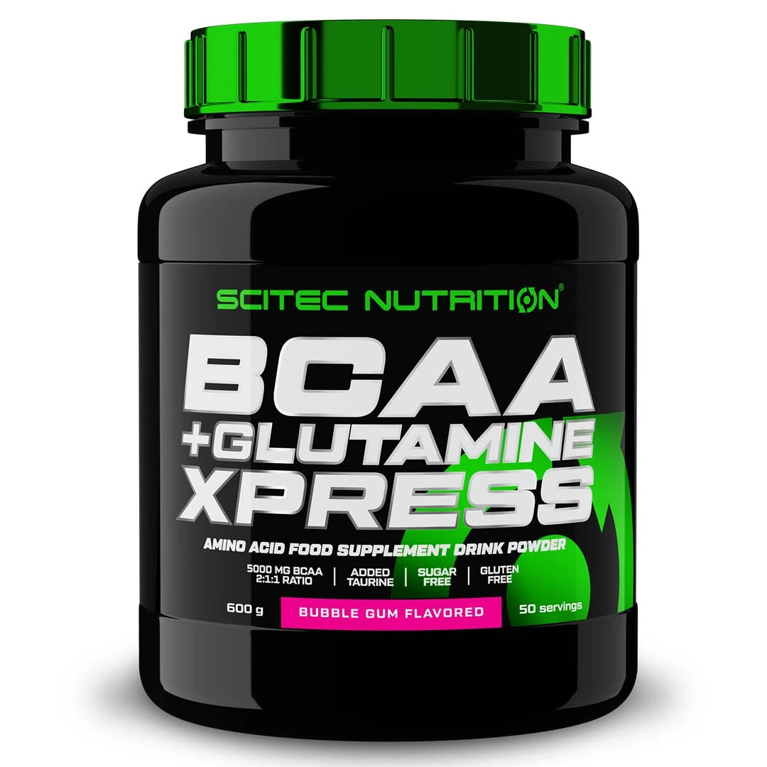 Musta purkki Scitec Nutrition BCAA + Glutamine Xpress 600 g -jauhetta vihreillä yksityiskohdilla ja Bubble Gum -maulla., kuva 1/1