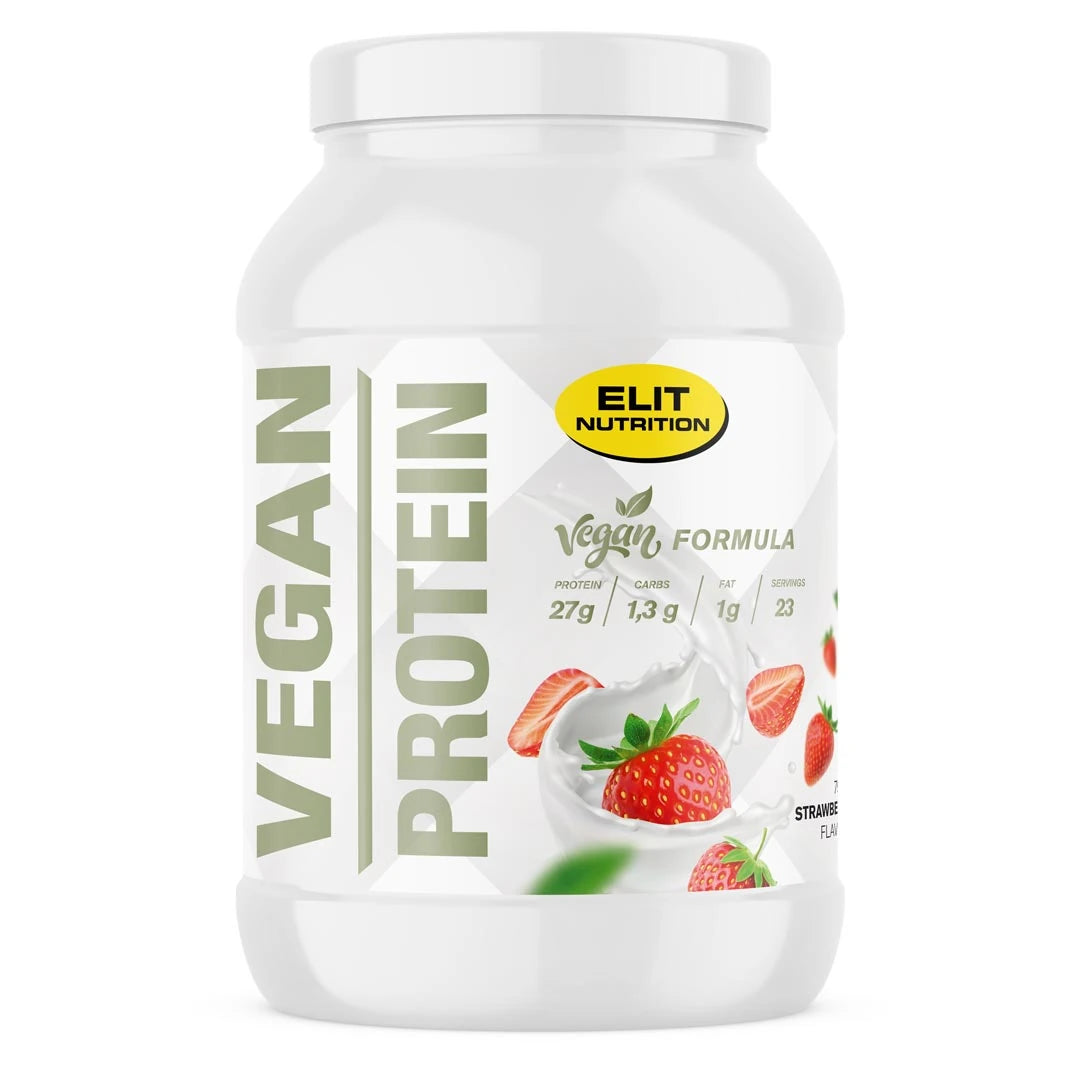 Elit Nutrition Vegan Protein 750 g -proteiinijauhe valkoisessa muovipurkissa kuvitetuilla mansikoilla., kuva 1/1