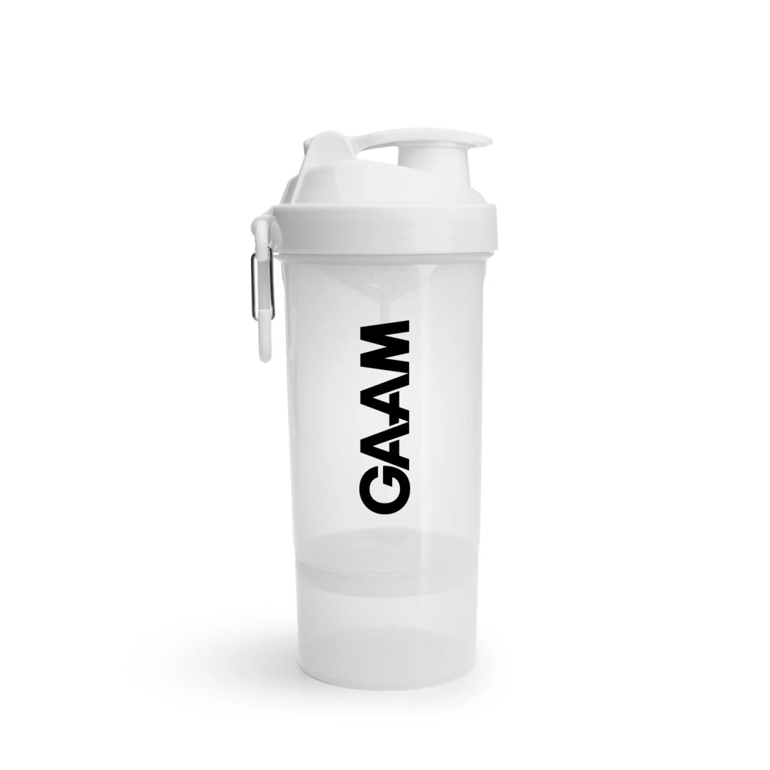 Valkoinen, BPA-vapaa GAAM Smartshake 2Go 800 ml -shaker, jossa on säilytyslokero ja karbiinihaka., kuva 1/1