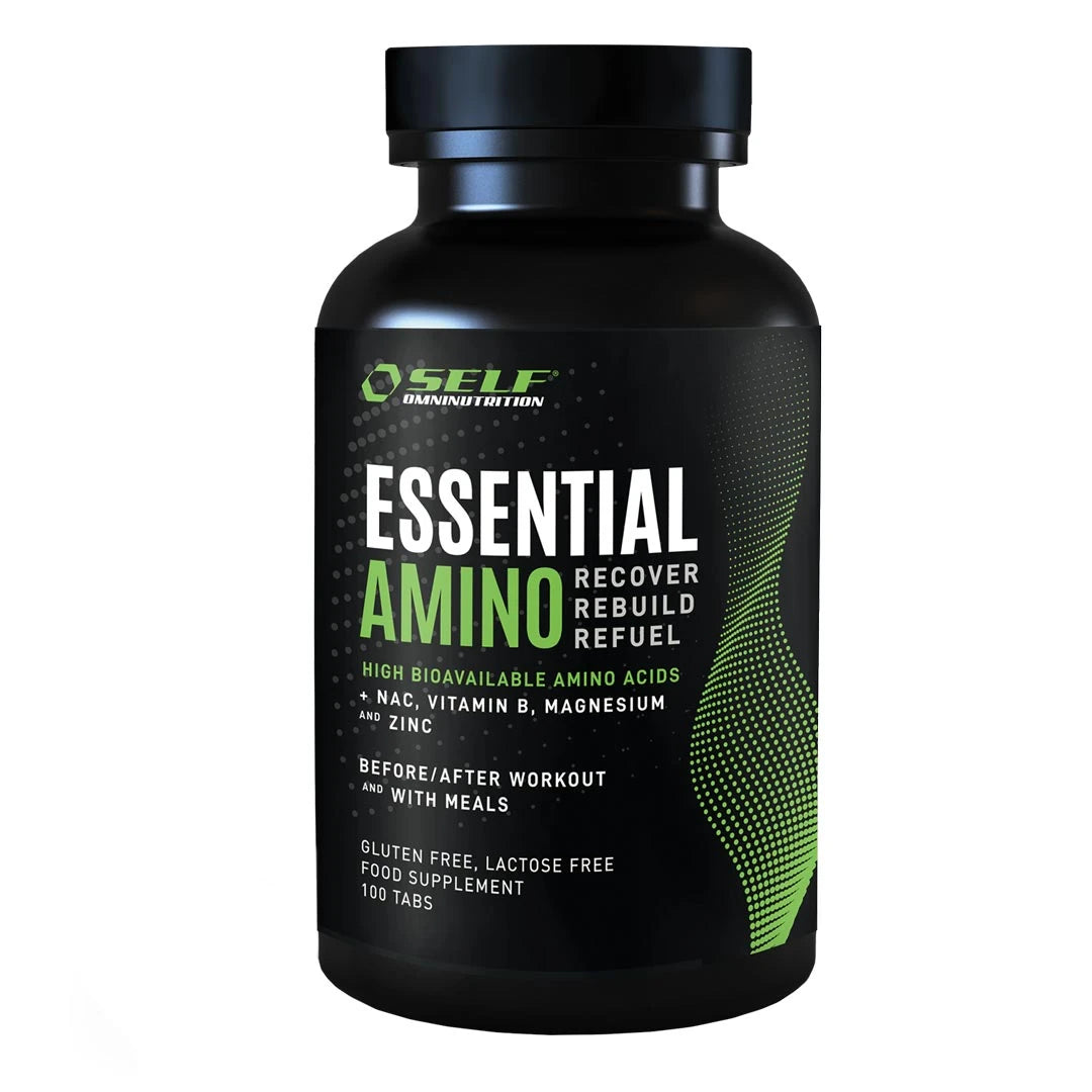 Self Omninutrition Essential Amino 100 tabs -aminohapot mustassa purkissa vihreillä ja valkoisilla yksityiskohdilla., kuva 1/1