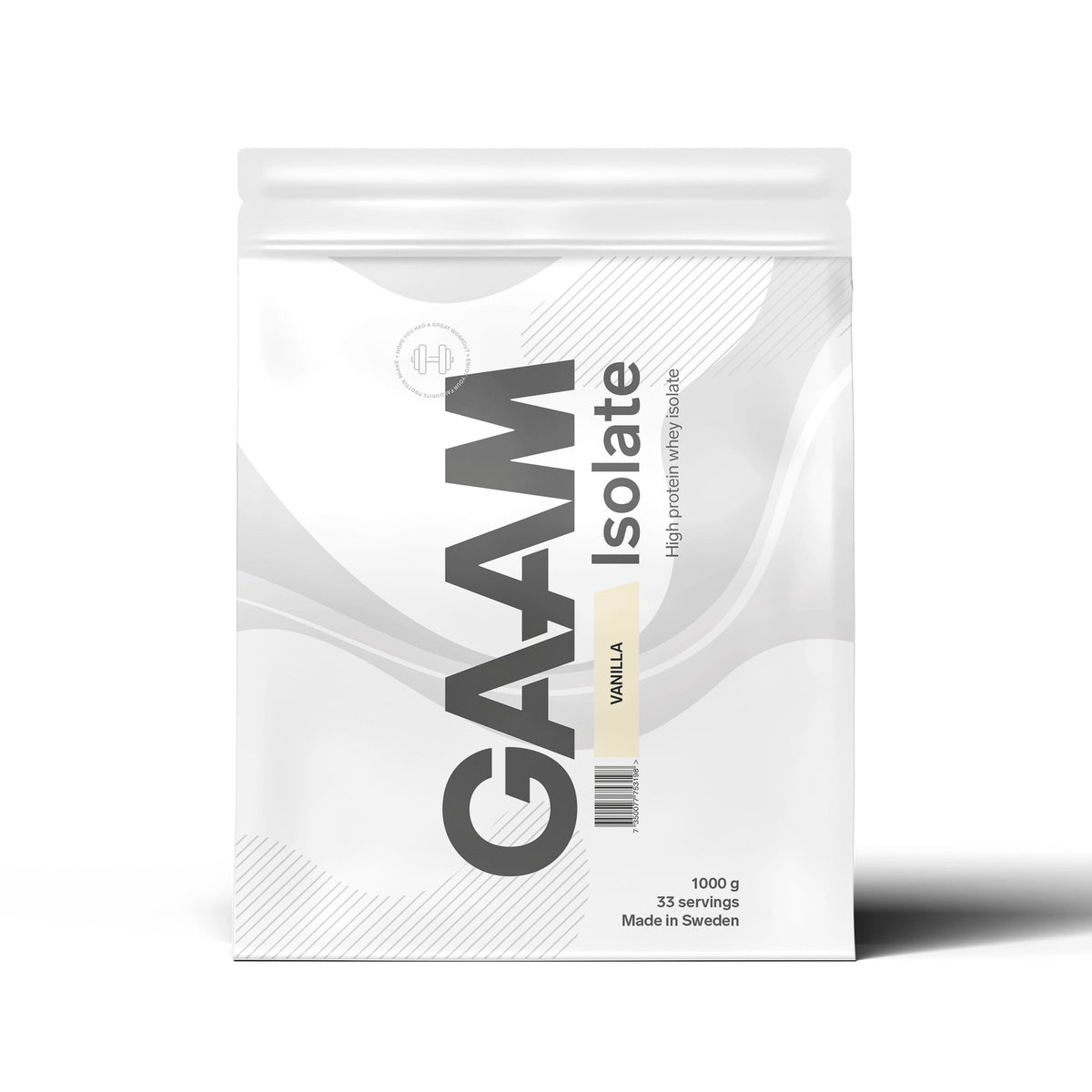 GAAM Isolate 1 kg -proteiinijauhe valkoisessa pussissa, makuna Vanilla., kuva 2/3