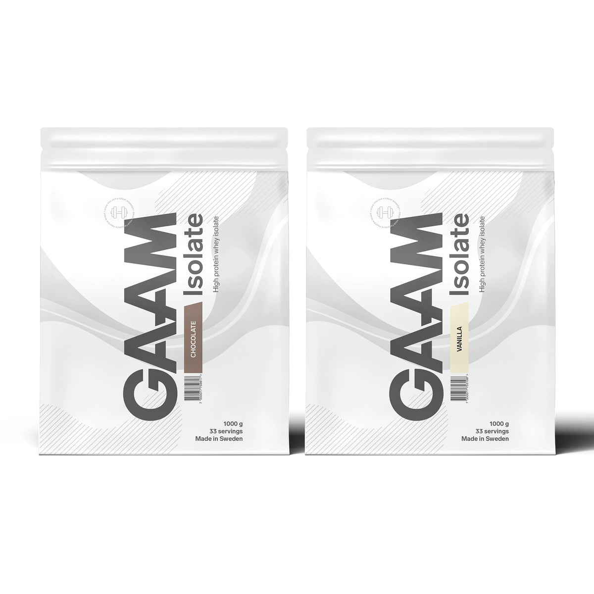 2 x GAAM Isolate 1 kg -heraproteiini-isolaattia kahdessa valkoisessa pussissa makuina Chocolate ja Vanilla.